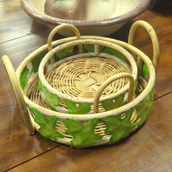 Vintage Wicker Baskets with Metal Green Leaf Accents, Handcrafted In Philippines - Picture 2 of 11